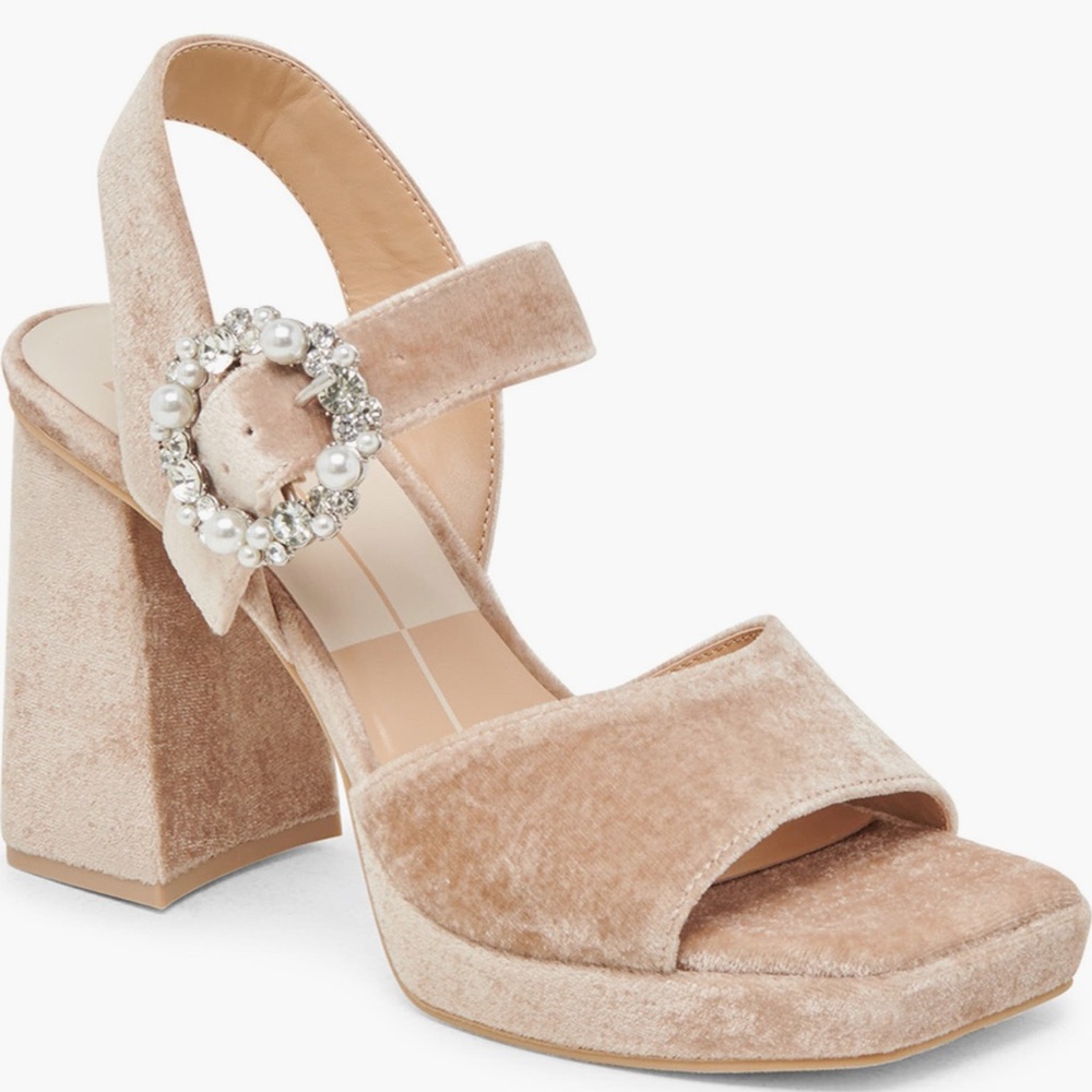 New.! Rose Velvet Block Heel Sandals Pearls & Rhinestones Buckle Sz 7.5 Elegant